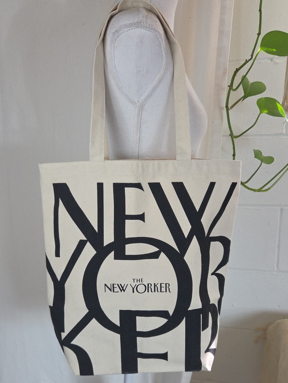 The New Yorker large cotton canvas logo tote bag 15x15 Cream Black